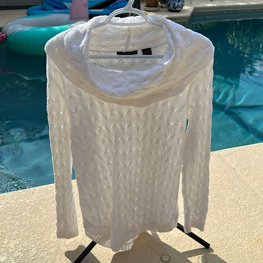 Jeanne Pierre white cotton cowl neck pullover sweater Size small long sleeve